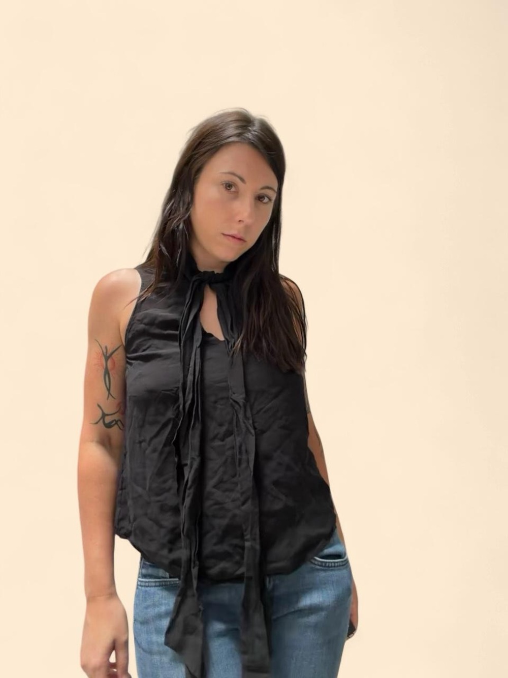 Black tie silk Bebe top